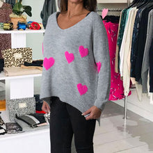 Load image into Gallery viewer, Grey with Pink Hearts V Necked jumper
