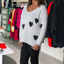 Load image into Gallery viewer, White with Black Hearts V Necked jumper 
